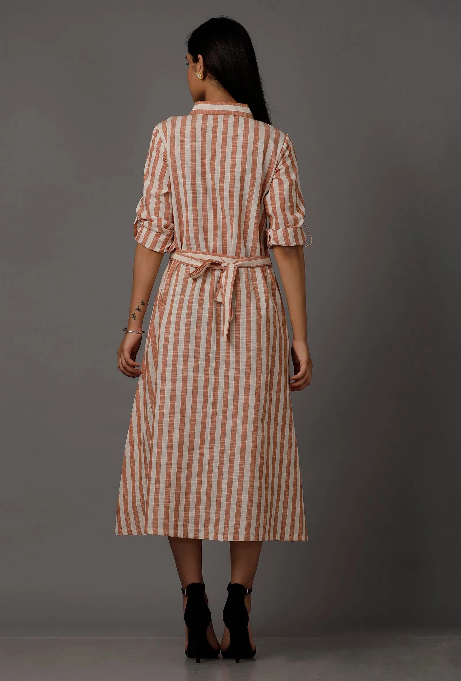 Orange and White Stripes Pure Woven Cotton Dress