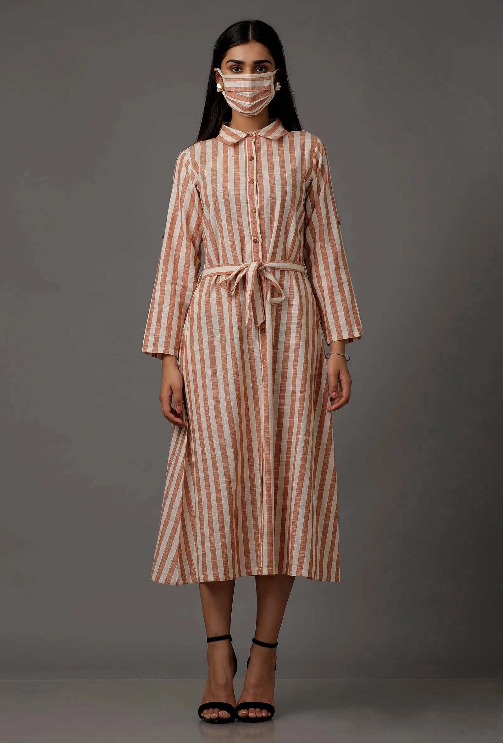 Orange and White Stripes Pure Woven Cotton Dress