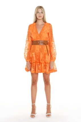 Orange Lace Mini Dress With Faux Leather Belt