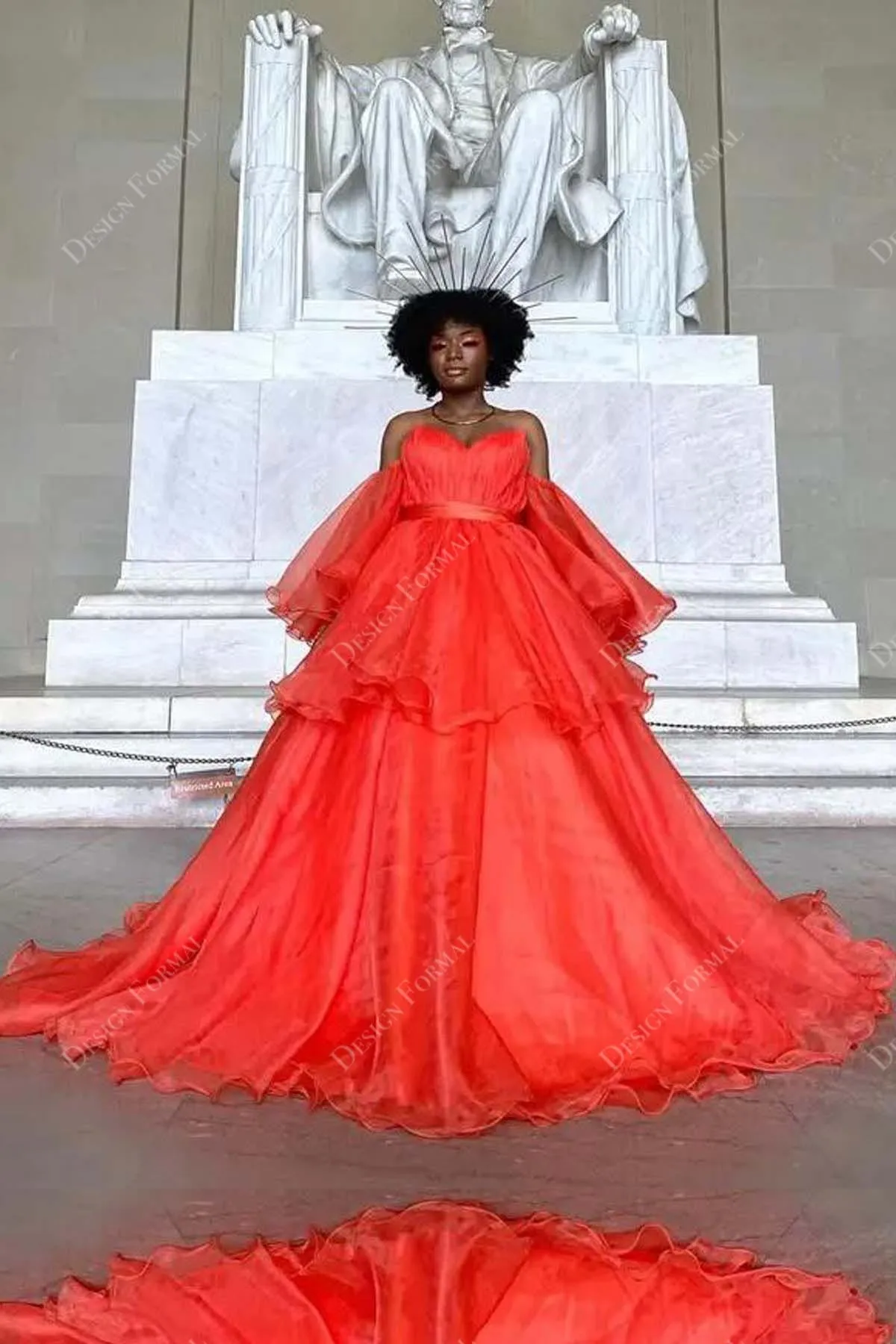 Orange Organza Off-shoulder Prom Custom Ball Gown Formal Dress