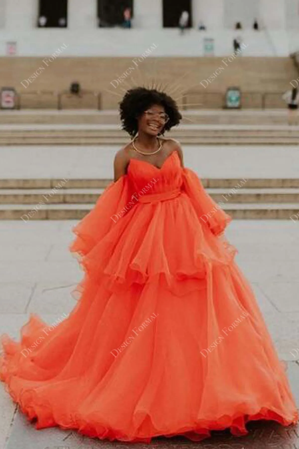 Orange Organza Off-shoulder Prom Custom Ball Gown Formal Dress