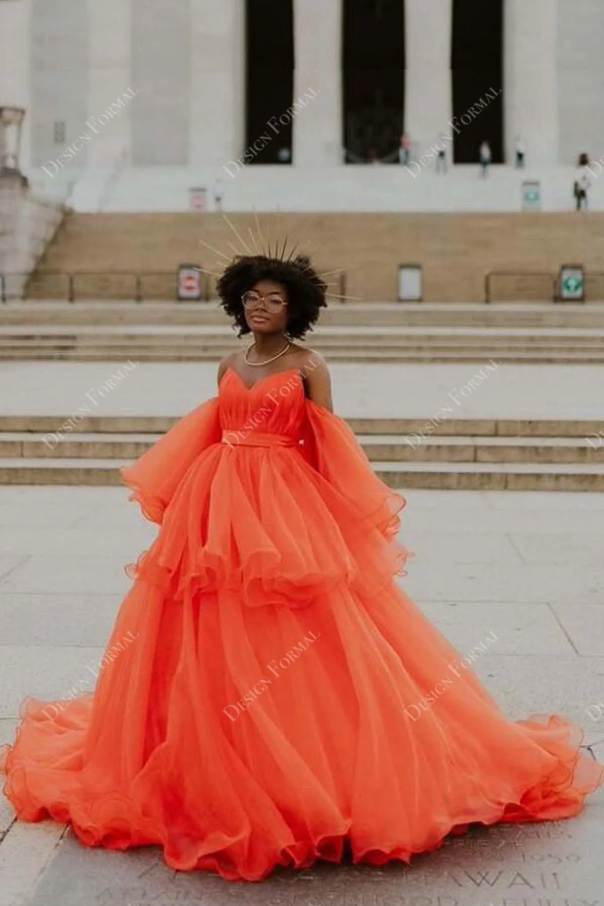 Orange Organza Off-shoulder Prom Custom Ball Gown Formal Dress