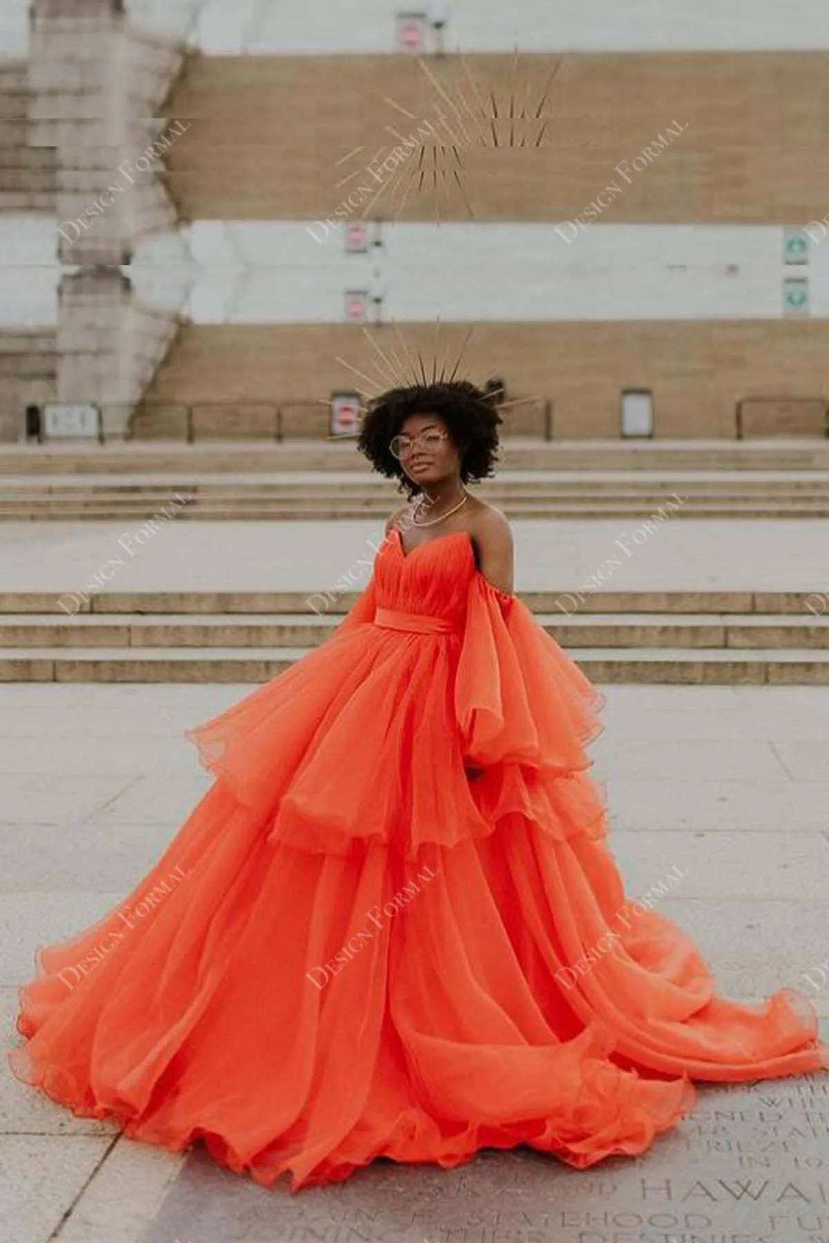 Orange Organza Off-shoulder Prom Custom Ball Gown Formal Dress