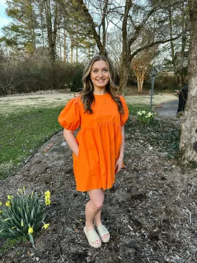 Orange Puff Sleeve Babydoll Dress