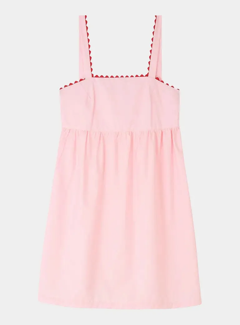 Pale Pink Mini Nightdress With Red Ric Rac - 100% Cotton Poplin