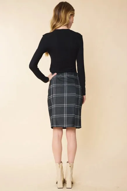 PLAID PRINTED PENCIL SKIRT WITH SIDE SLIT