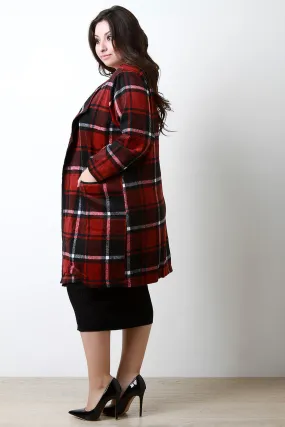 Plaid Wool Pocketed Open Front Trench Coat