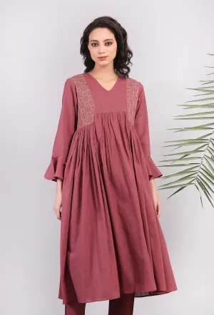 Plum Kantha Front Gathered Long Kurta dress