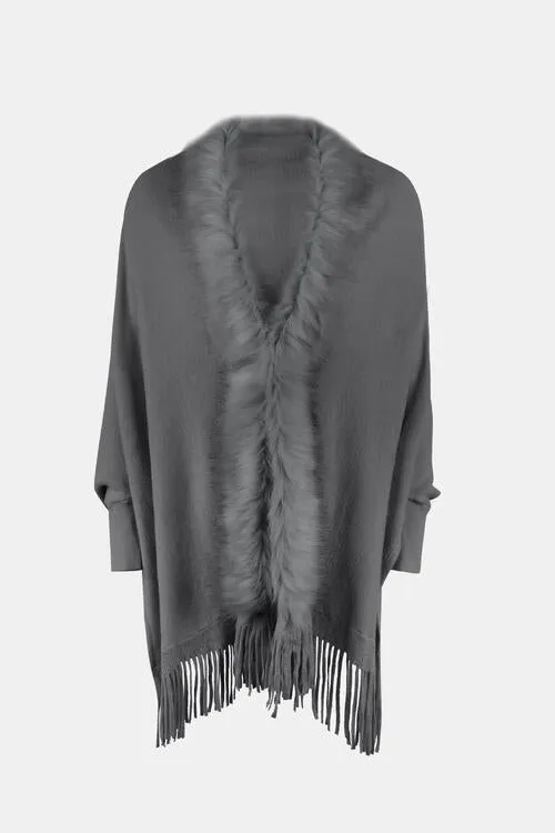 Plush Faux Fur Retro Fringe Hem Open Front Knit Poncho Knit Cardigan