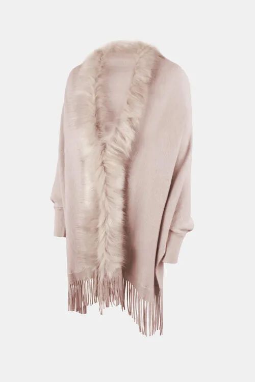 Plush Faux Fur Retro Fringe Hem Open Front Knit Poncho Knit Cardigan