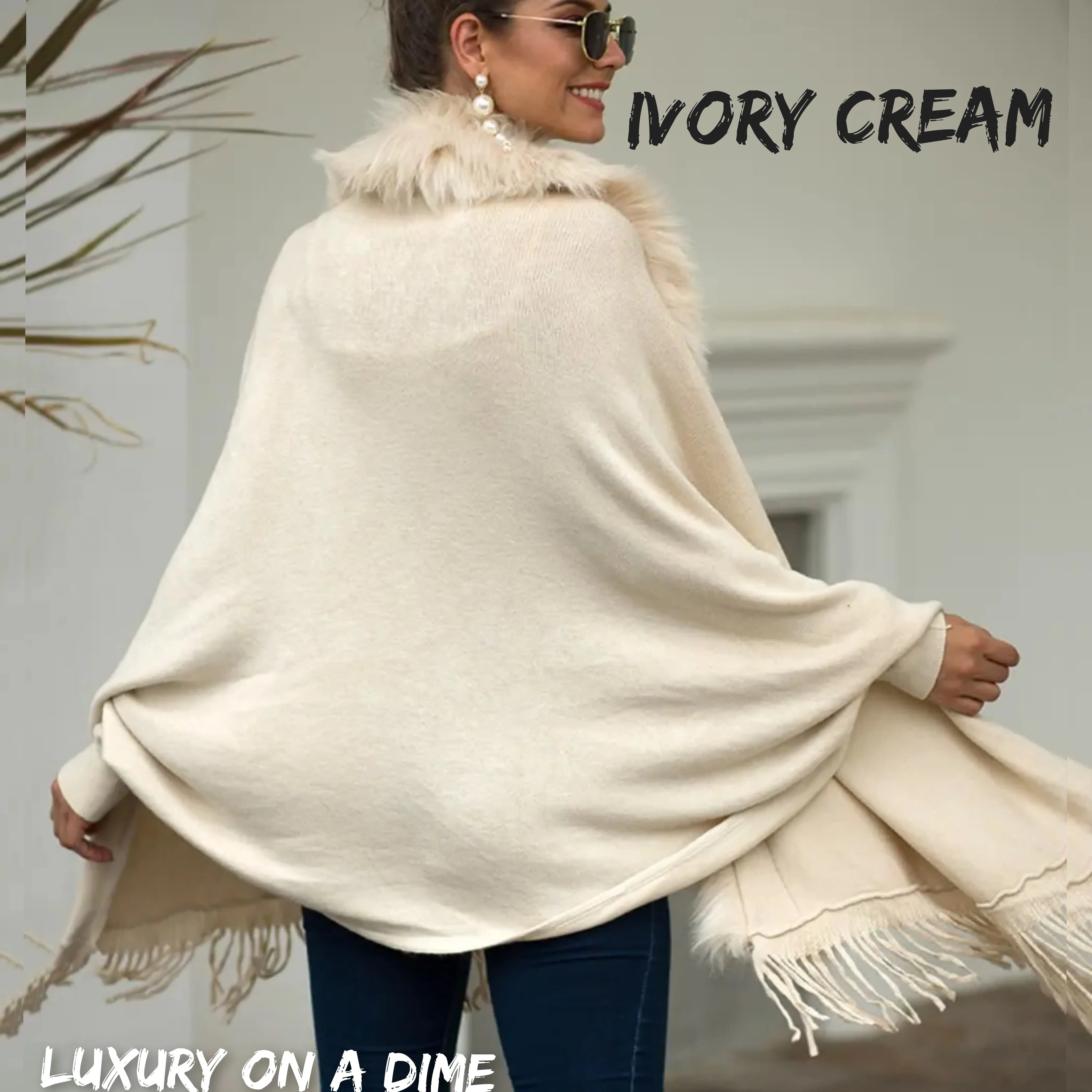 Plush Faux Fur Retro Fringe Hem Open Front Knit Poncho Knit Cardigan