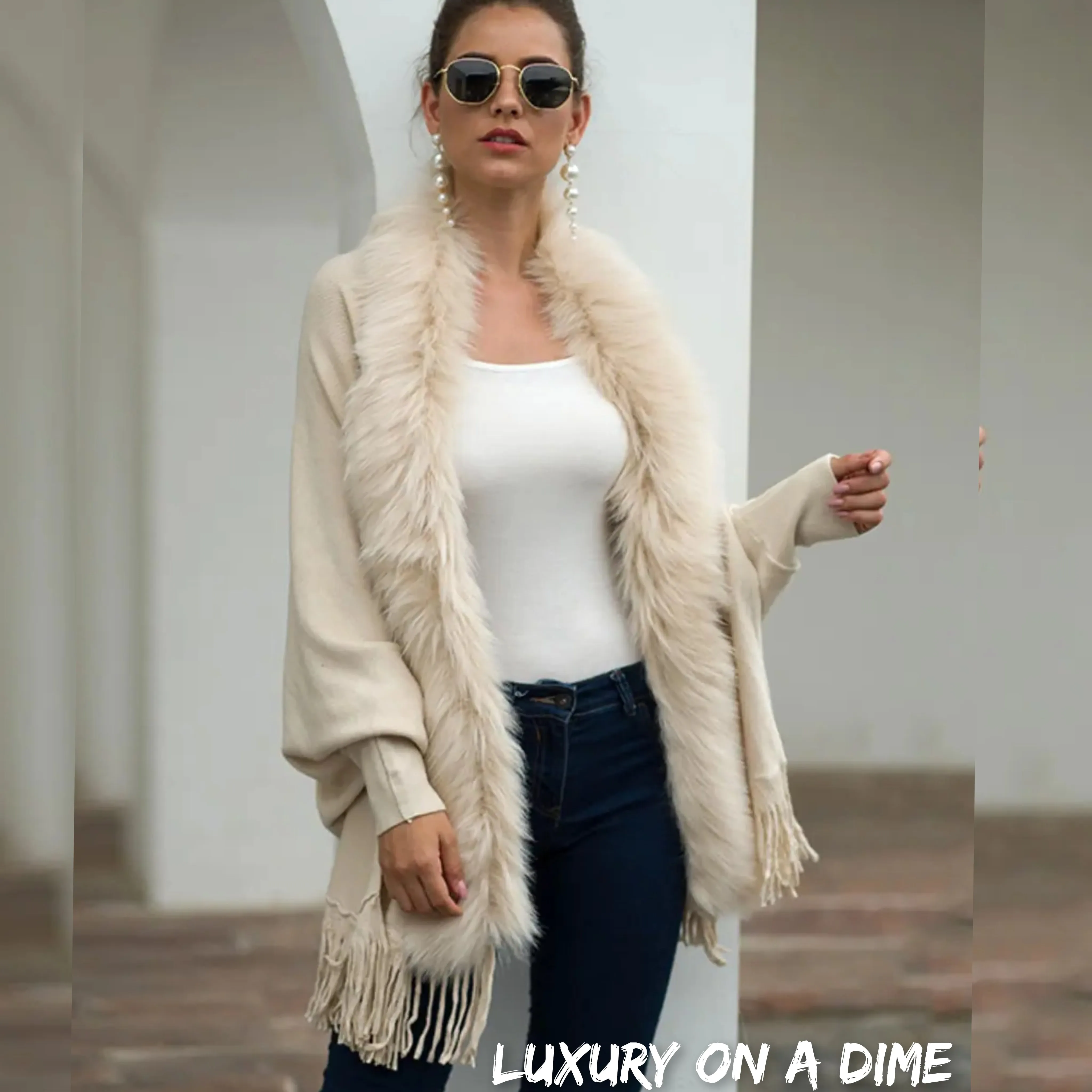 Plush Faux Fur Retro Fringe Hem Open Front Knit Poncho Knit Cardigan