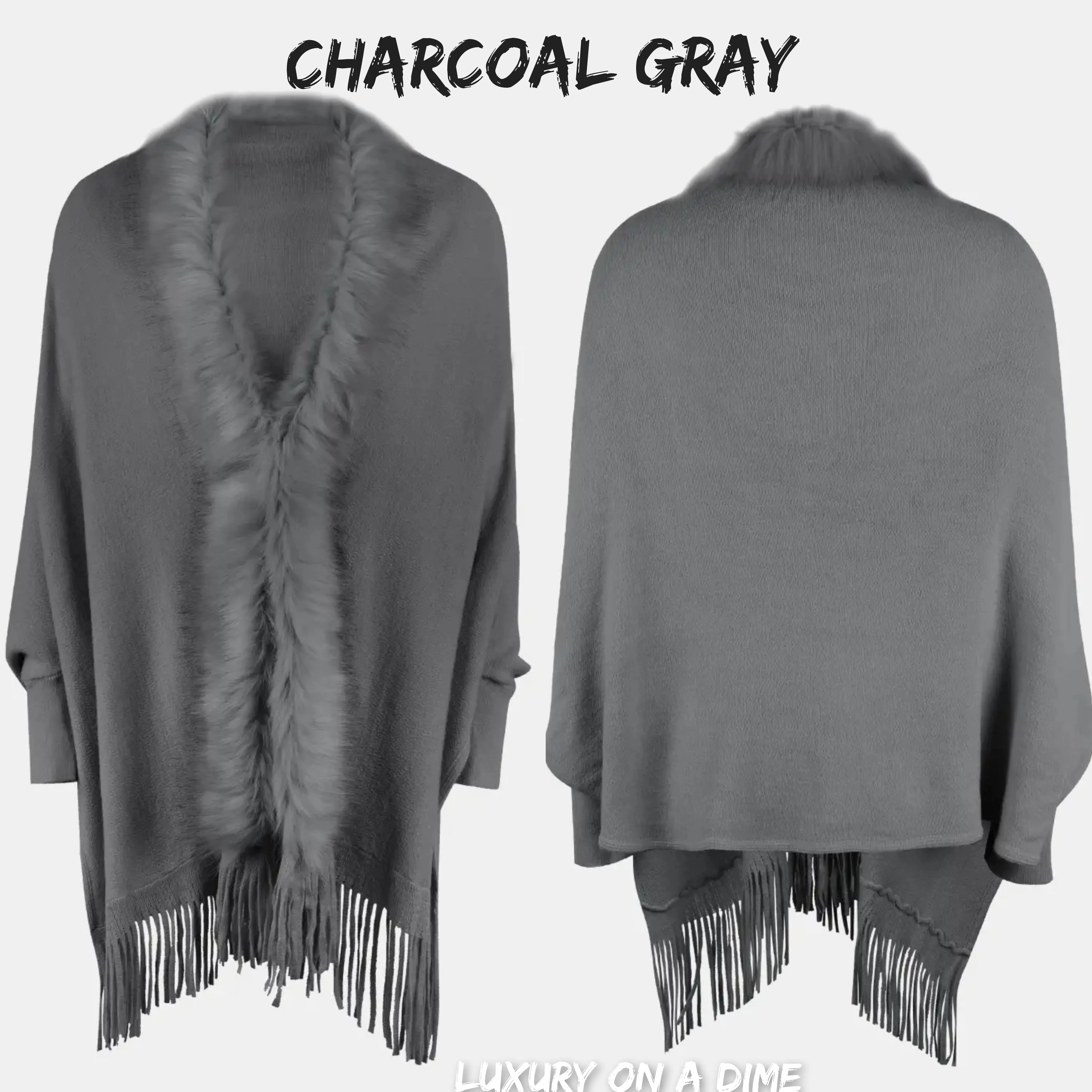 Plush Faux Fur Retro Fringe Hem Open Front Knit Poncho Knit Cardigan