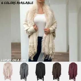 Plush Faux Fur Retro Fringe Hem Open Front Knit Poncho Knit Cardigan