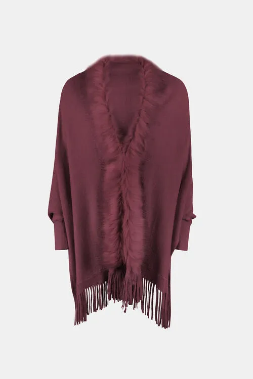 Plush Faux Fur Retro Fringe Hem Open Front Knit Poncho Knit Cardigan