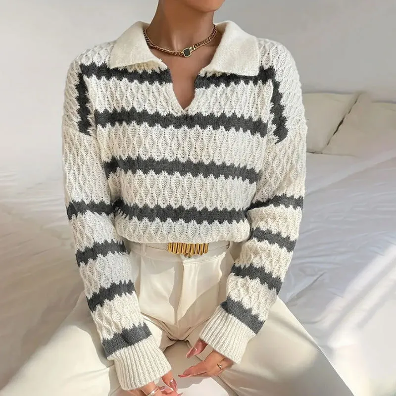 Polo Collar Pullover Women Autumn Winter Classic Striped Loose Casual Sweater Top