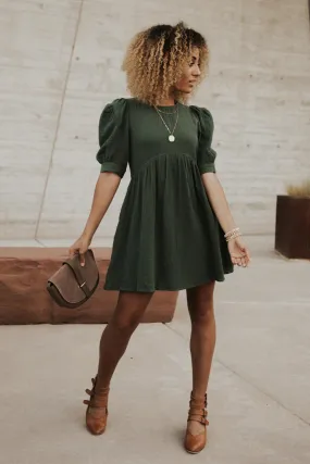 Puff Sleeve Babydoll Dress in Hunter Green