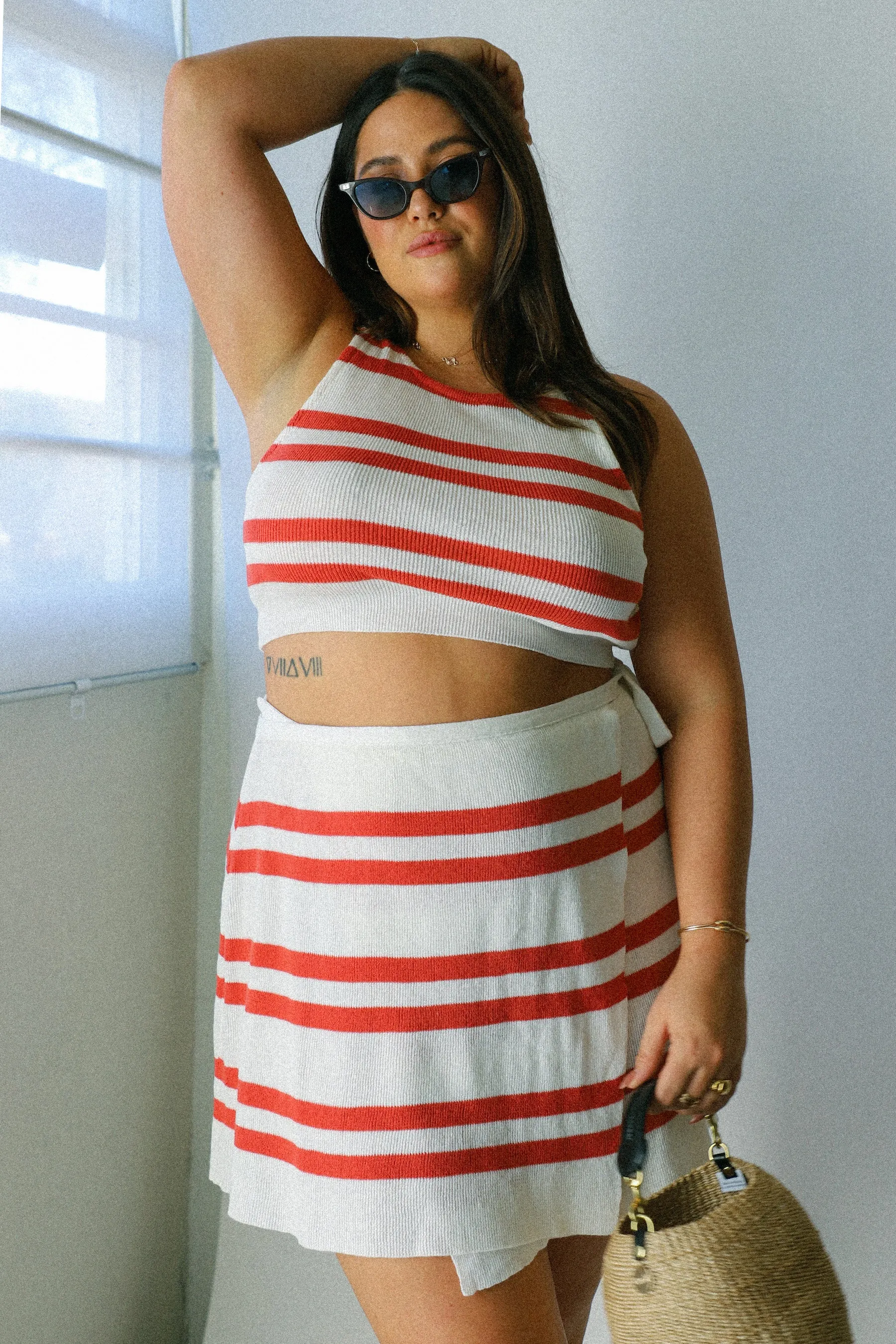 Red Stripe Ramie Wrap Skirt