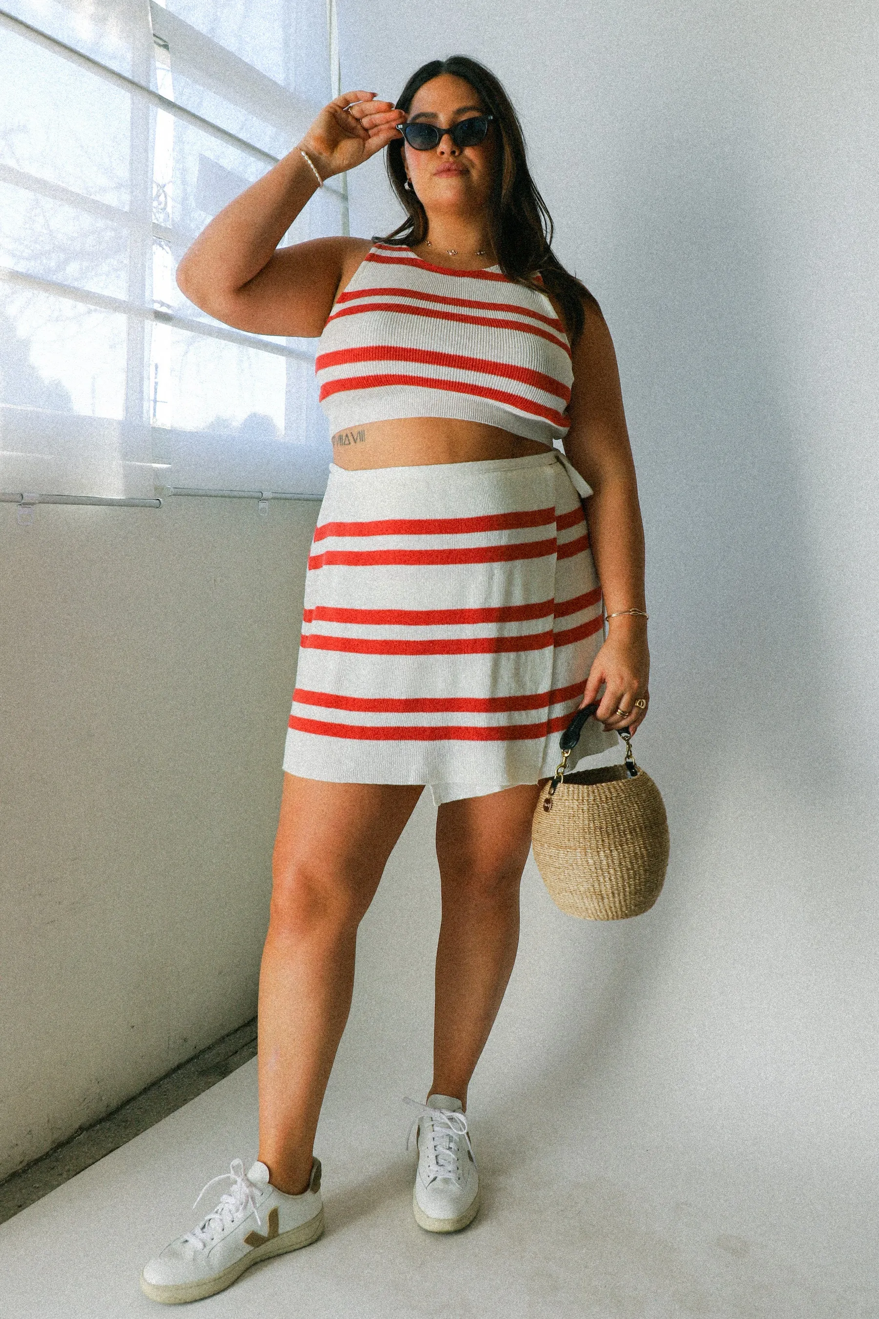 Red Stripe Ramie Wrap Skirt