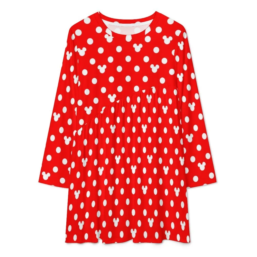 Red With White Mickey Polka Dots Long Sleeve Patchwork T-shirt Dress