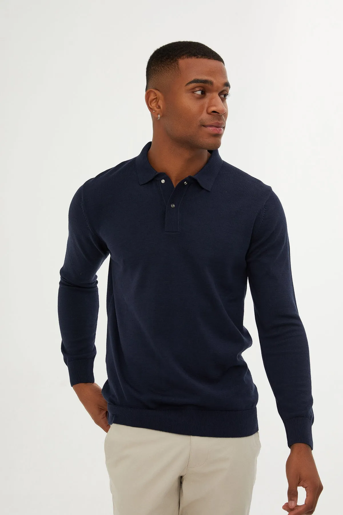 Regular Fit Cotton Blend Navy Polo Sweater