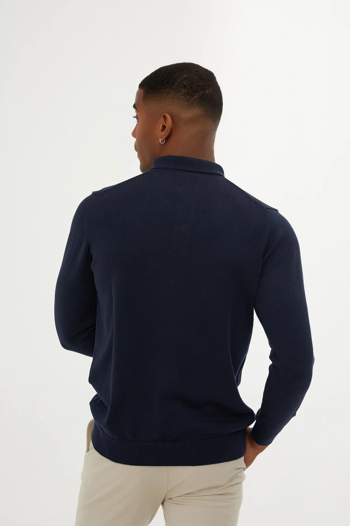 Regular Fit Cotton Blend Navy Polo Sweater