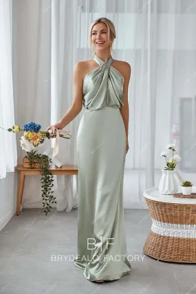 Sage Charmeuse Halter Neck Sleeveless Mermaid Long Dress