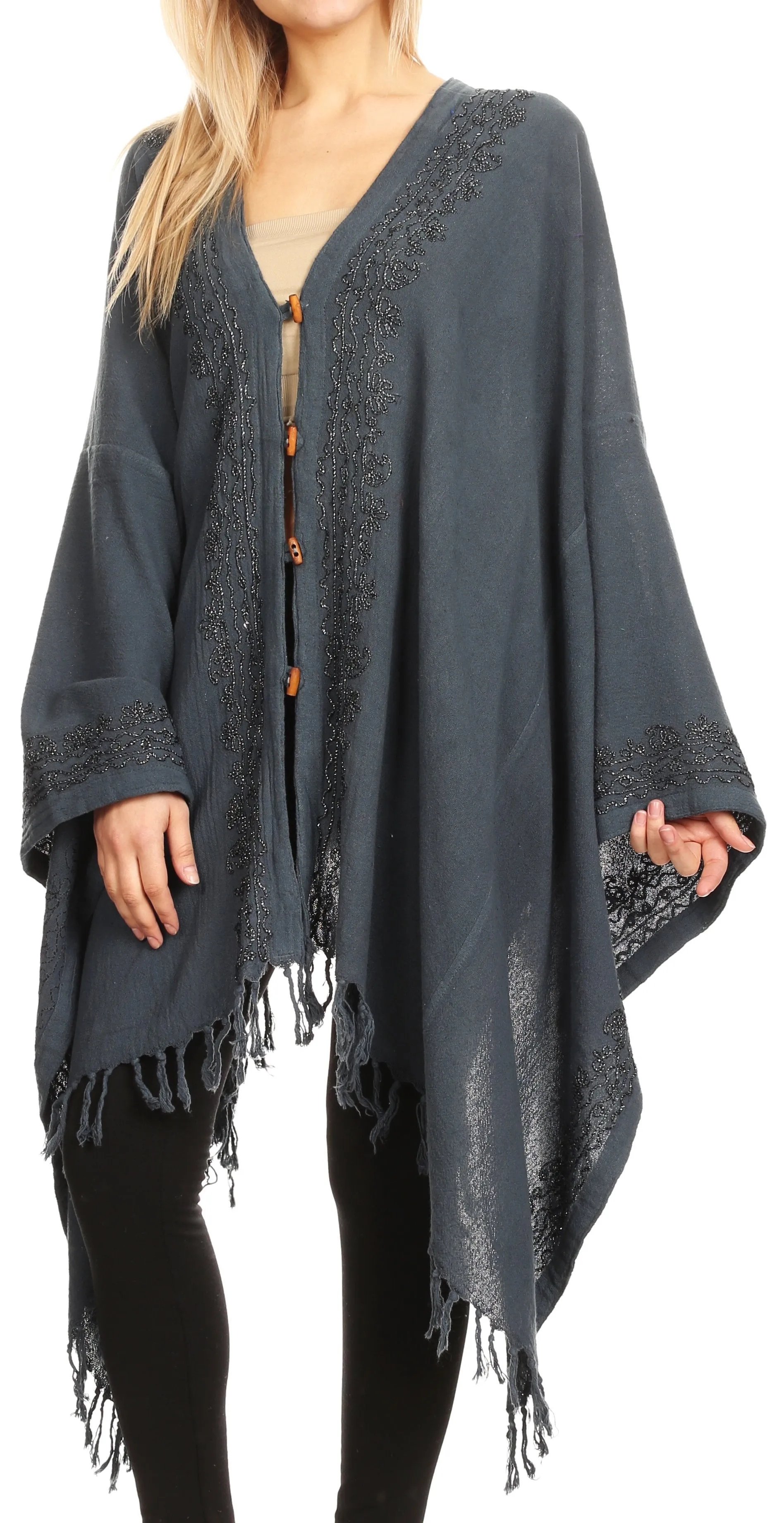 Sakkas Anais Women's Caftan Poncho Top Casual Oversized Solid Comes w/Fringe Boho