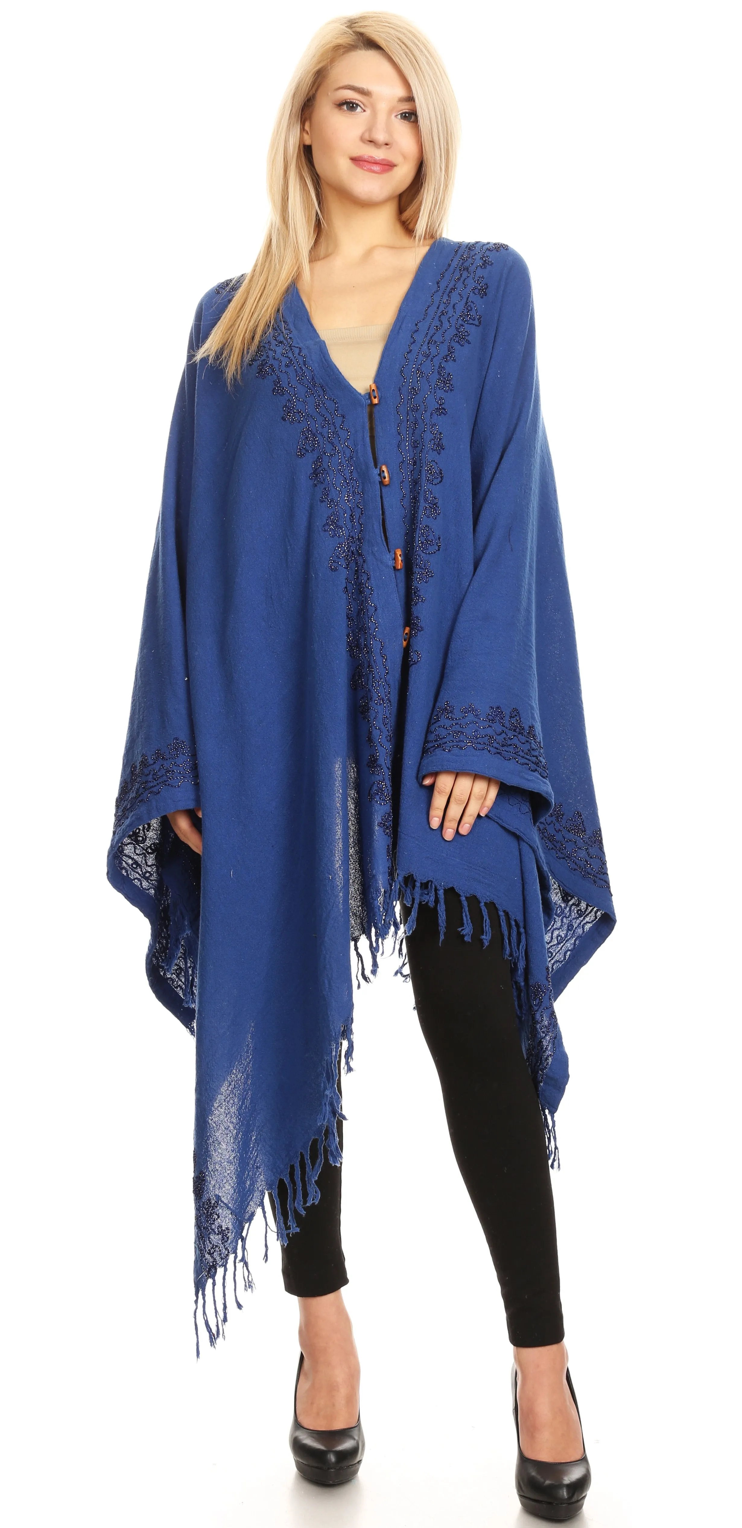 Sakkas Anais Women's Caftan Poncho Top Casual Oversized Solid Comes w/Fringe Boho