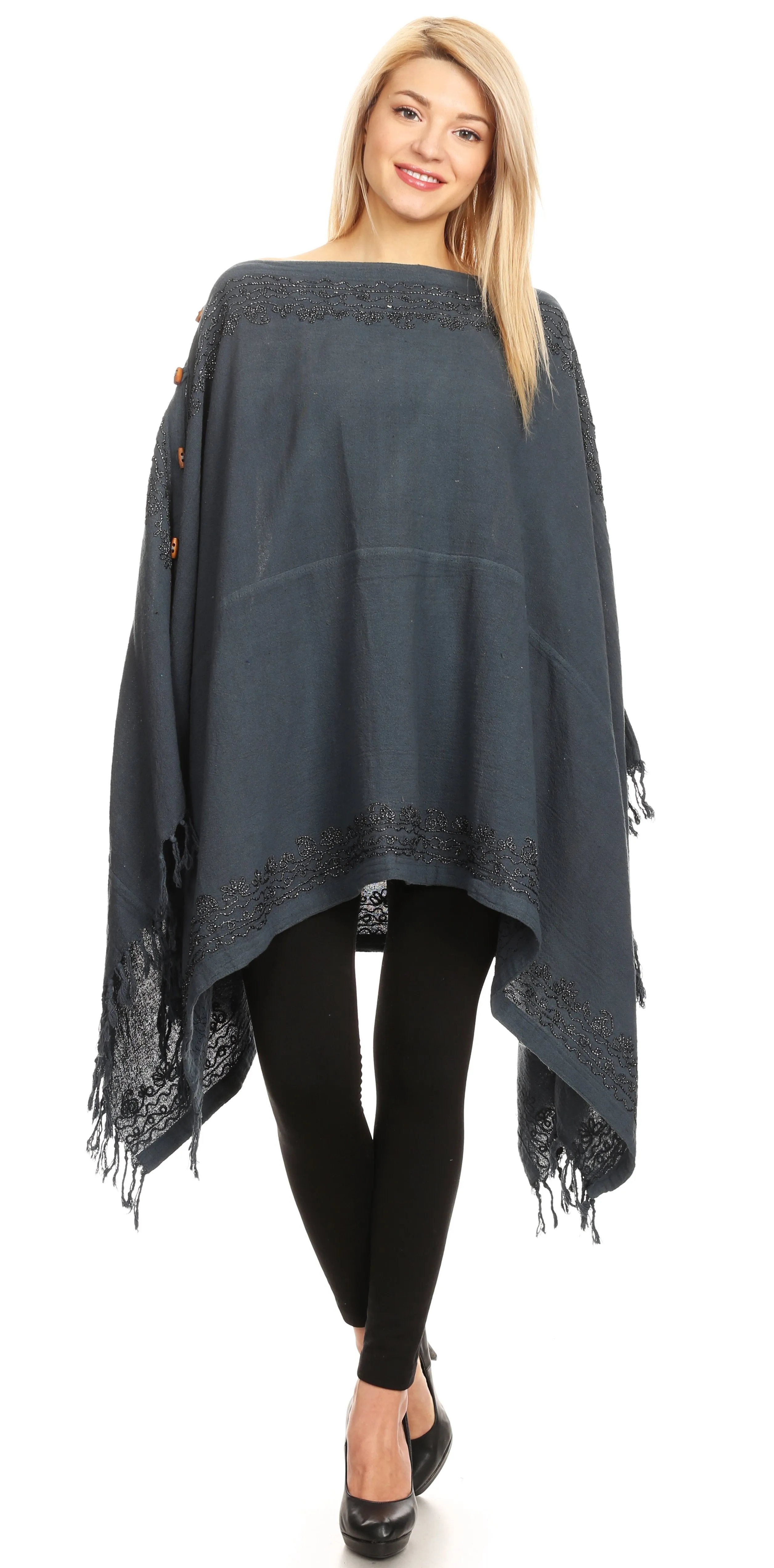 Sakkas Anais Women's Caftan Poncho Top Casual Oversized Solid Comes w/Fringe Boho