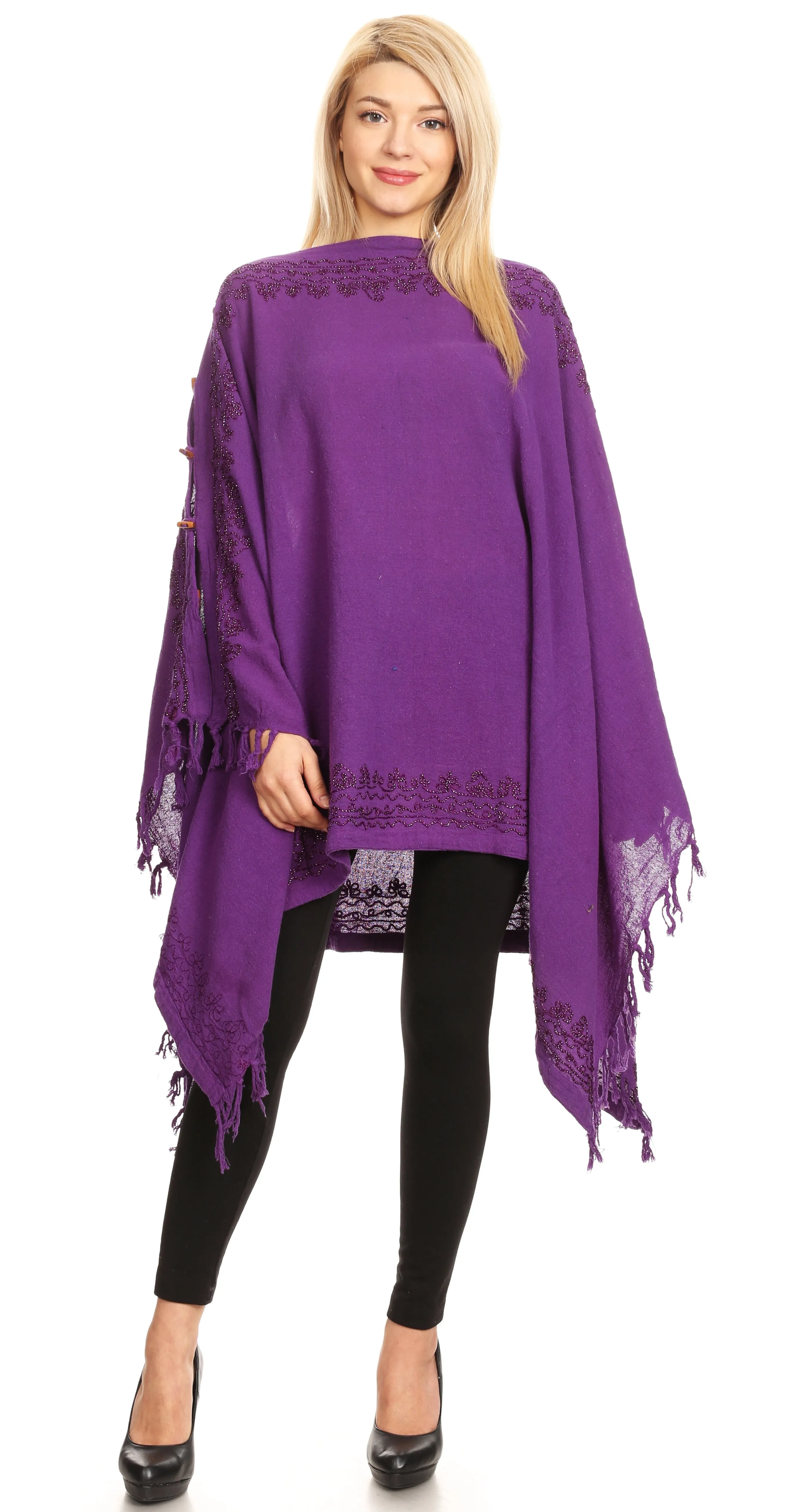 Sakkas Anais Women's Caftan Poncho Top Casual Oversized Solid Comes w/Fringe Boho