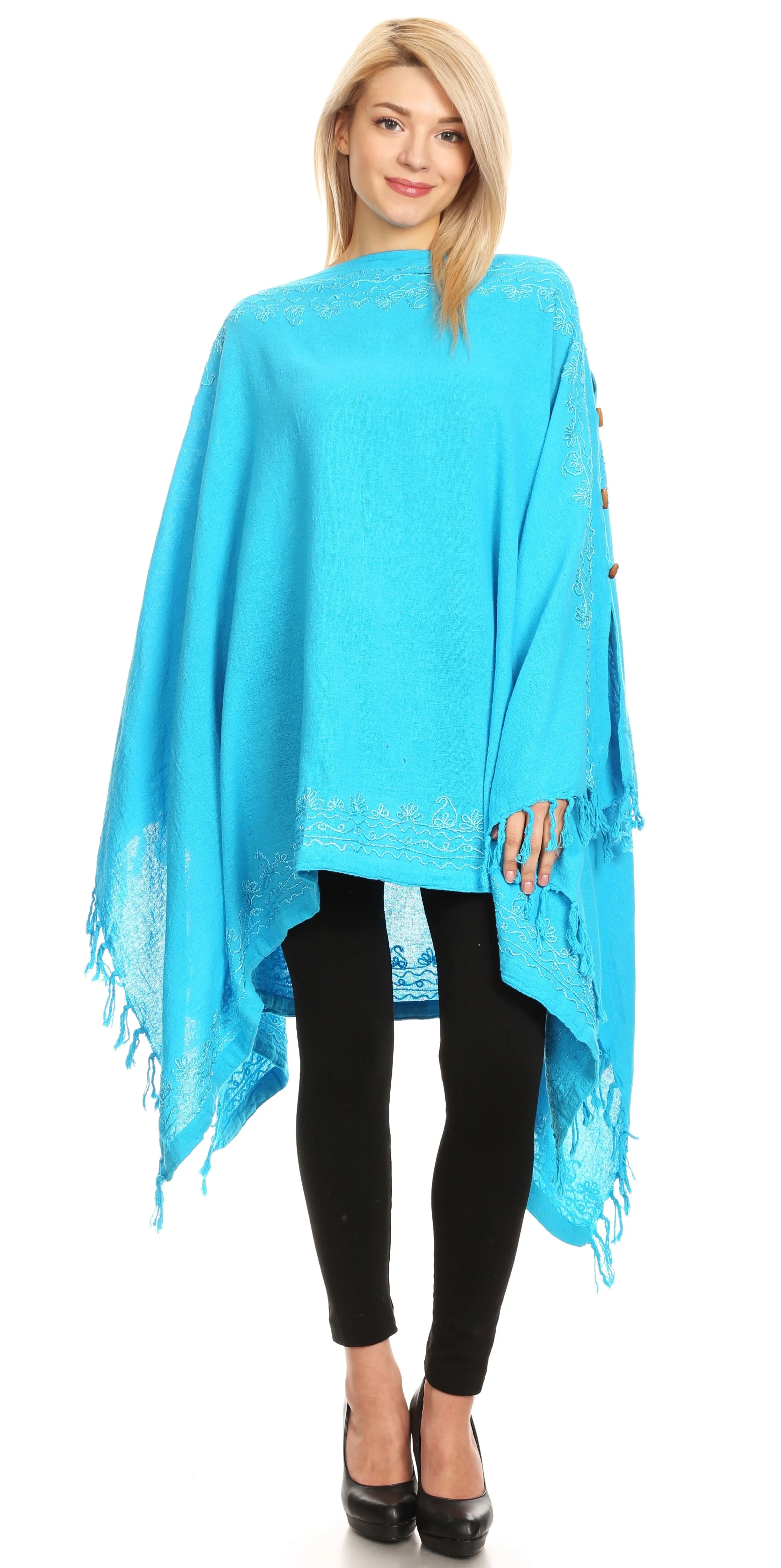 Sakkas Anais Women's Caftan Poncho Top Casual Oversized Solid Comes w/Fringe Boho