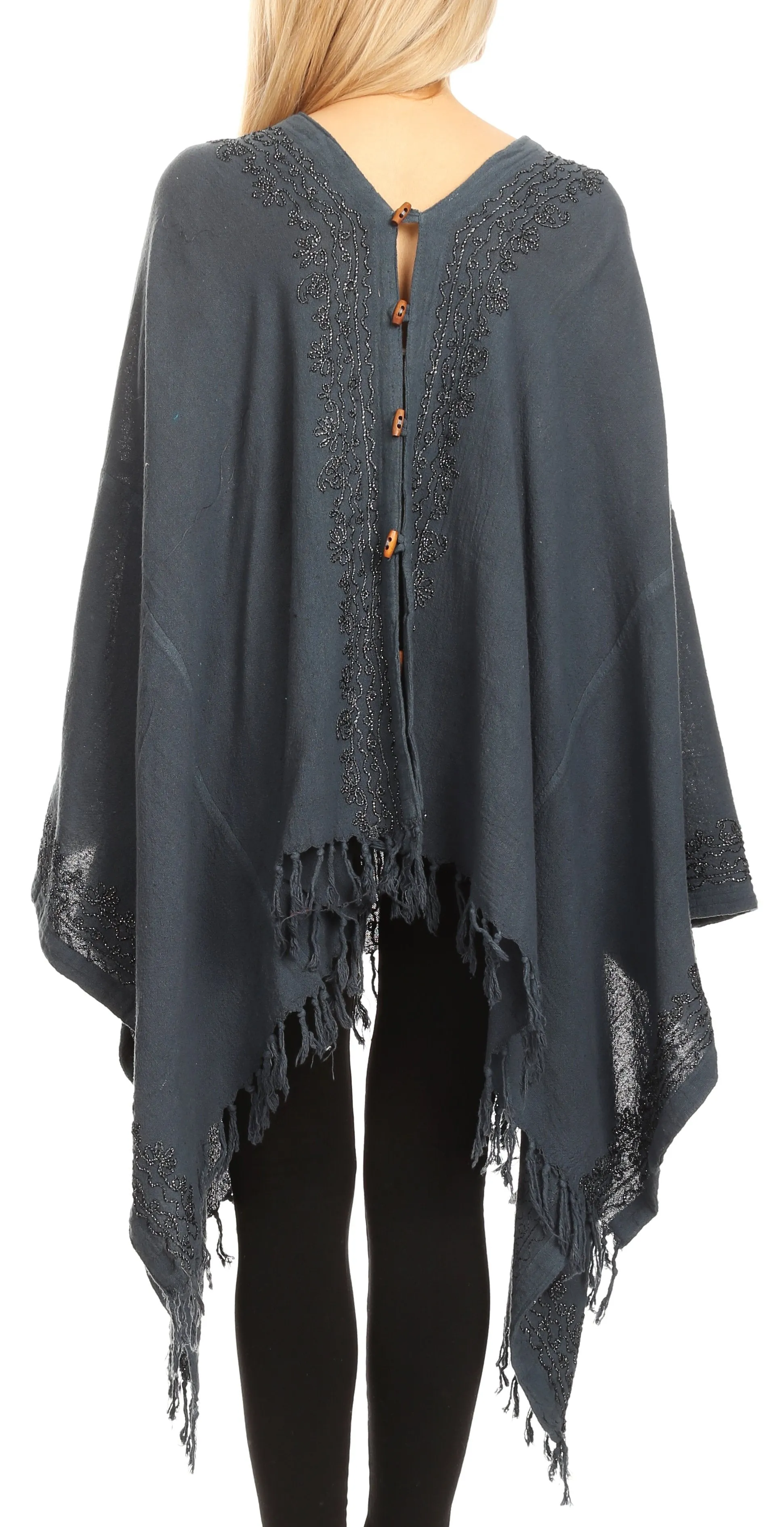 Sakkas Anais Women's Caftan Poncho Top Casual Oversized Solid Comes w/Fringe Boho