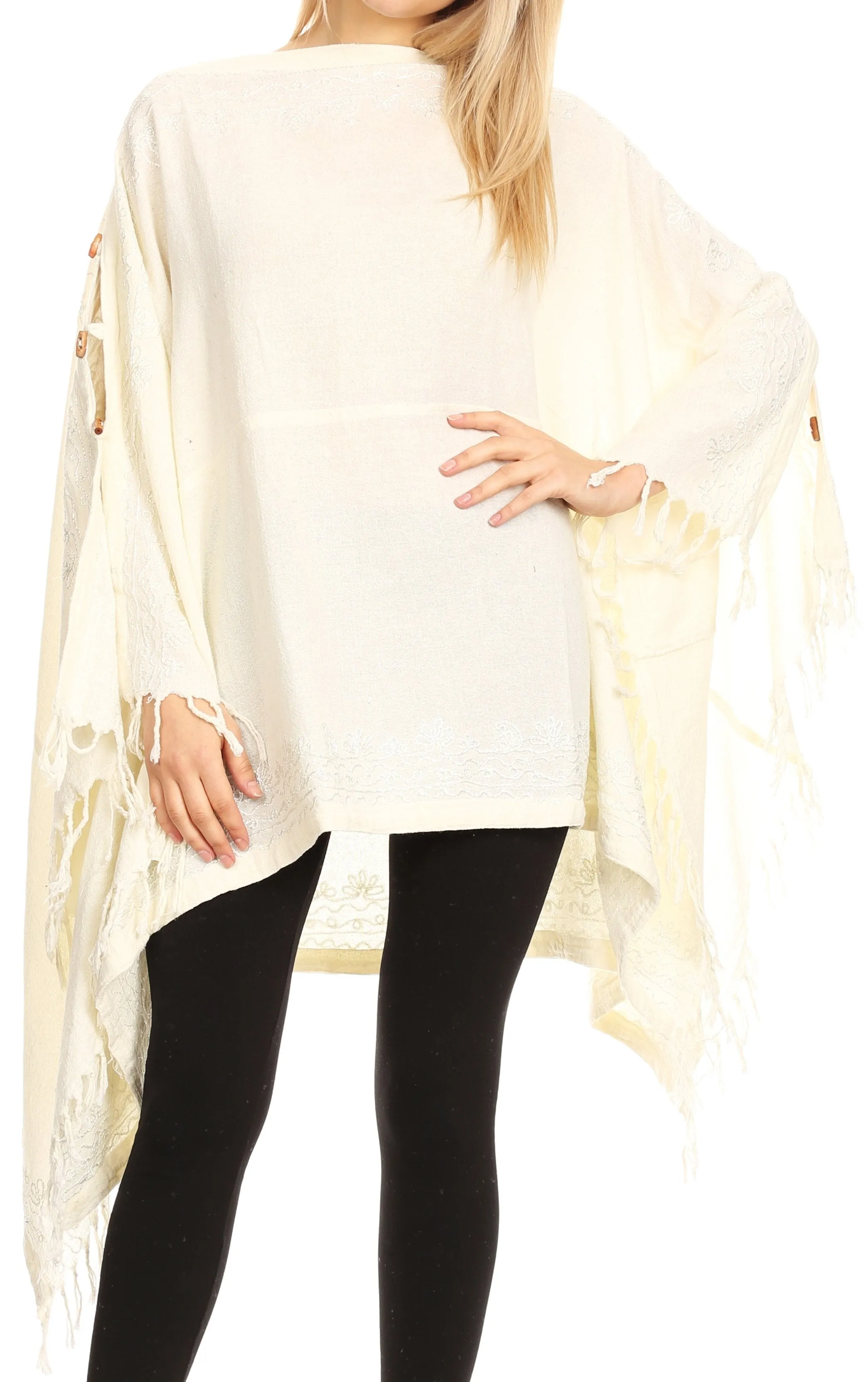 Sakkas Anais Women's Caftan Poncho Top Casual Oversized Solid Comes w/Fringe Boho