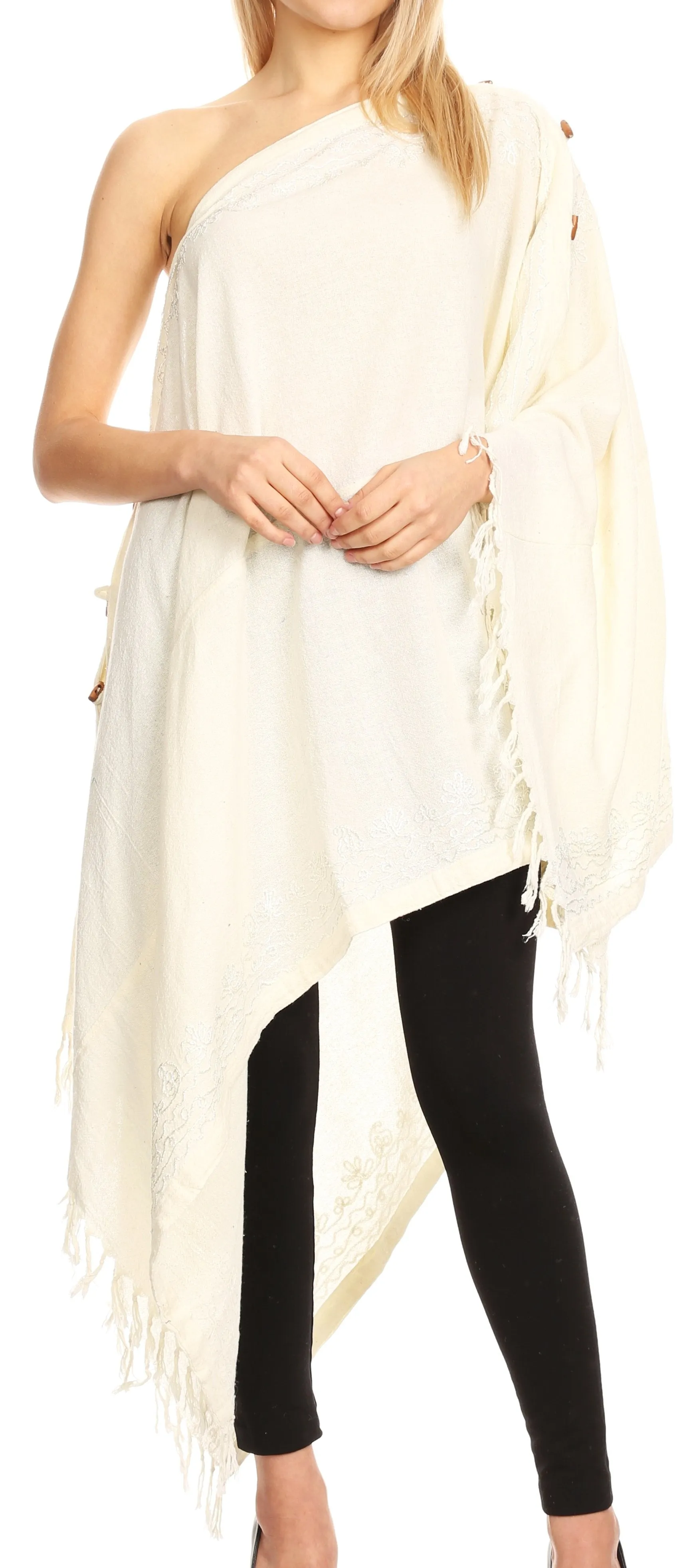 Sakkas Anais Women's Caftan Poncho Top Casual Oversized Solid Comes w/Fringe Boho