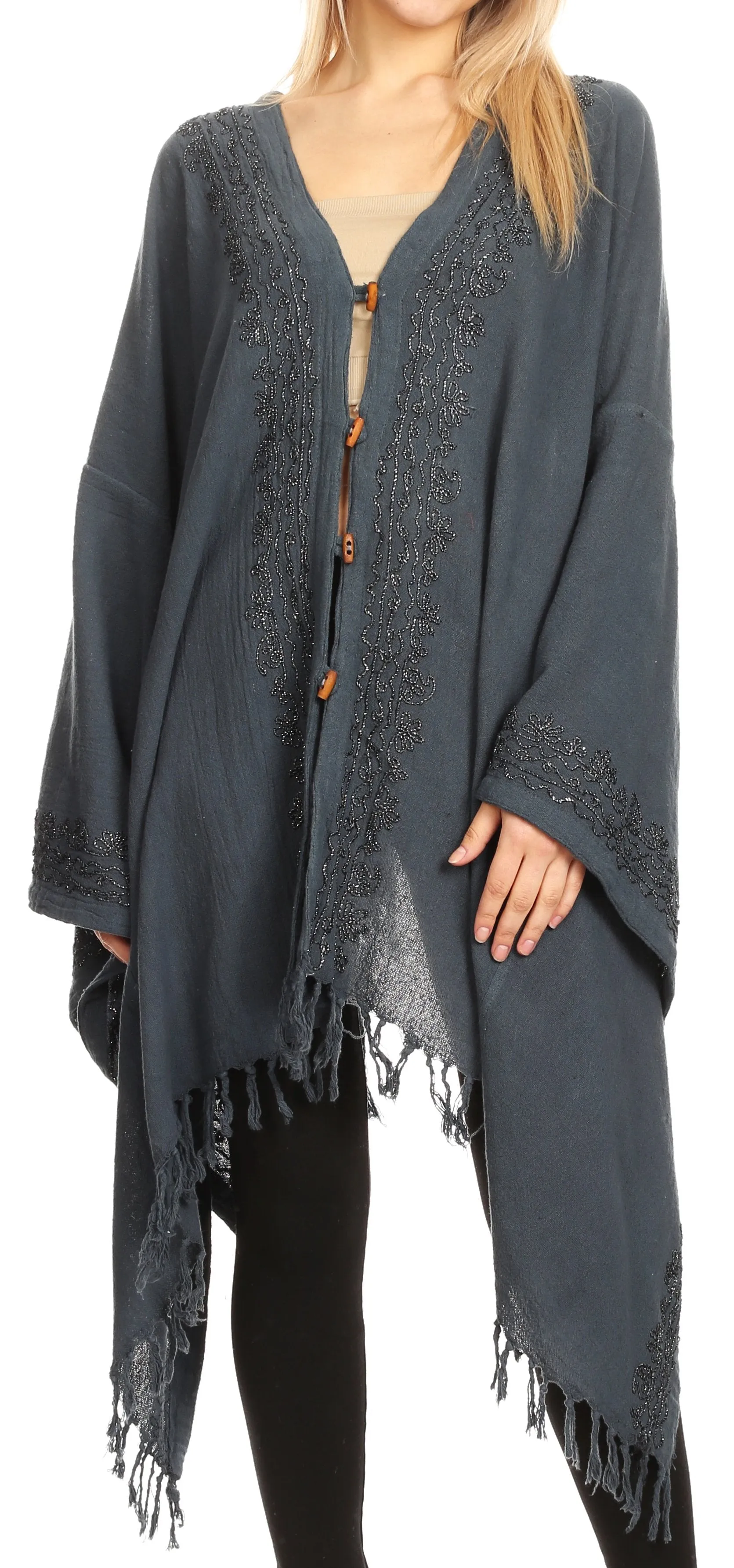 Sakkas Anais Women's Caftan Poncho Top Casual Oversized Solid Comes w/Fringe Boho