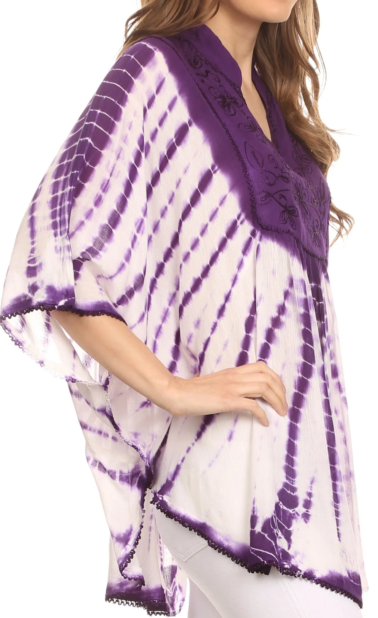 Sakkas Aneko Tie Dye Circle Poncho Blouse Top With Floral Emrbroidery And V Neck