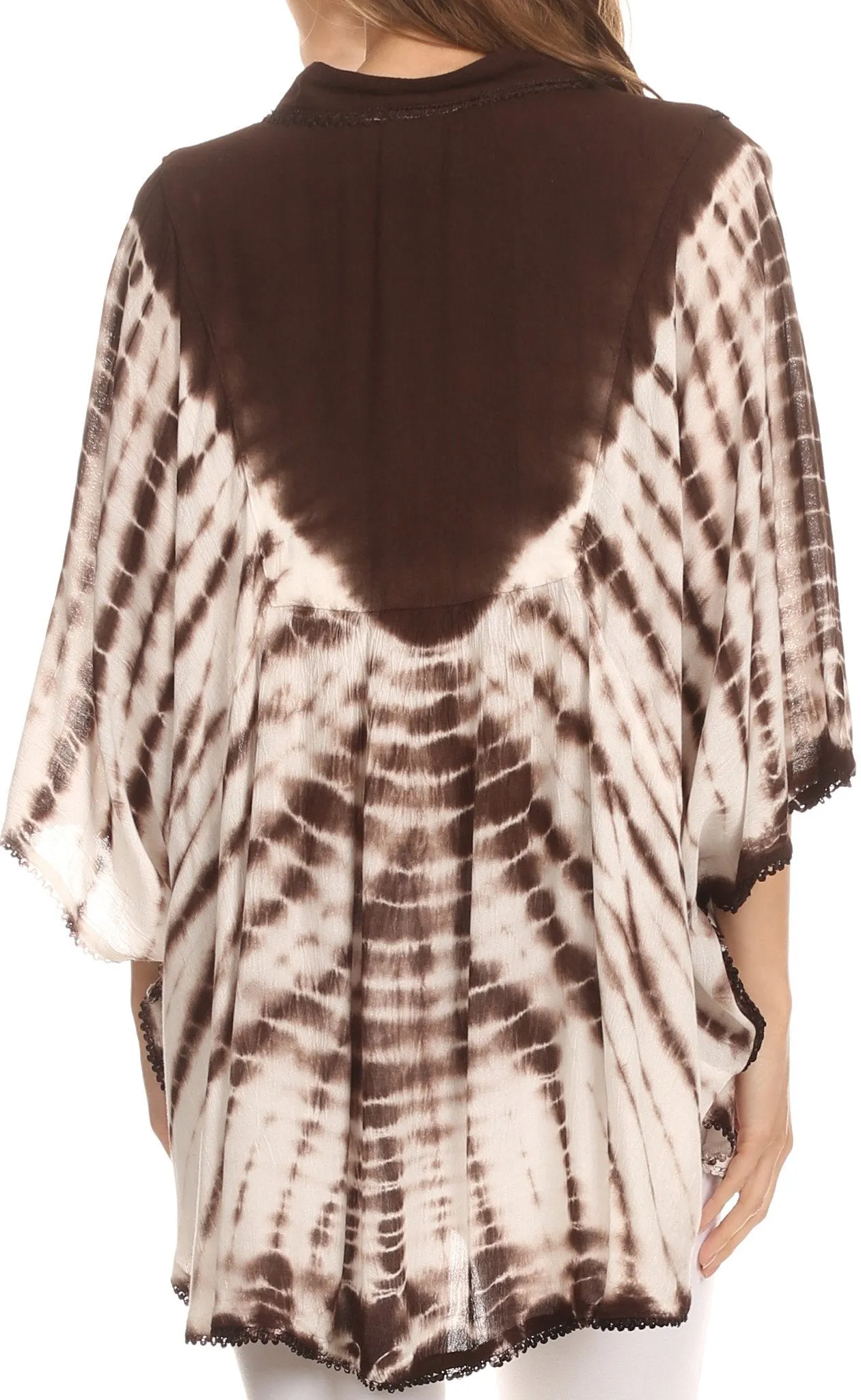 Sakkas Aneko Tie Dye Circle Poncho Blouse Top With Floral Emrbroidery And V Neck