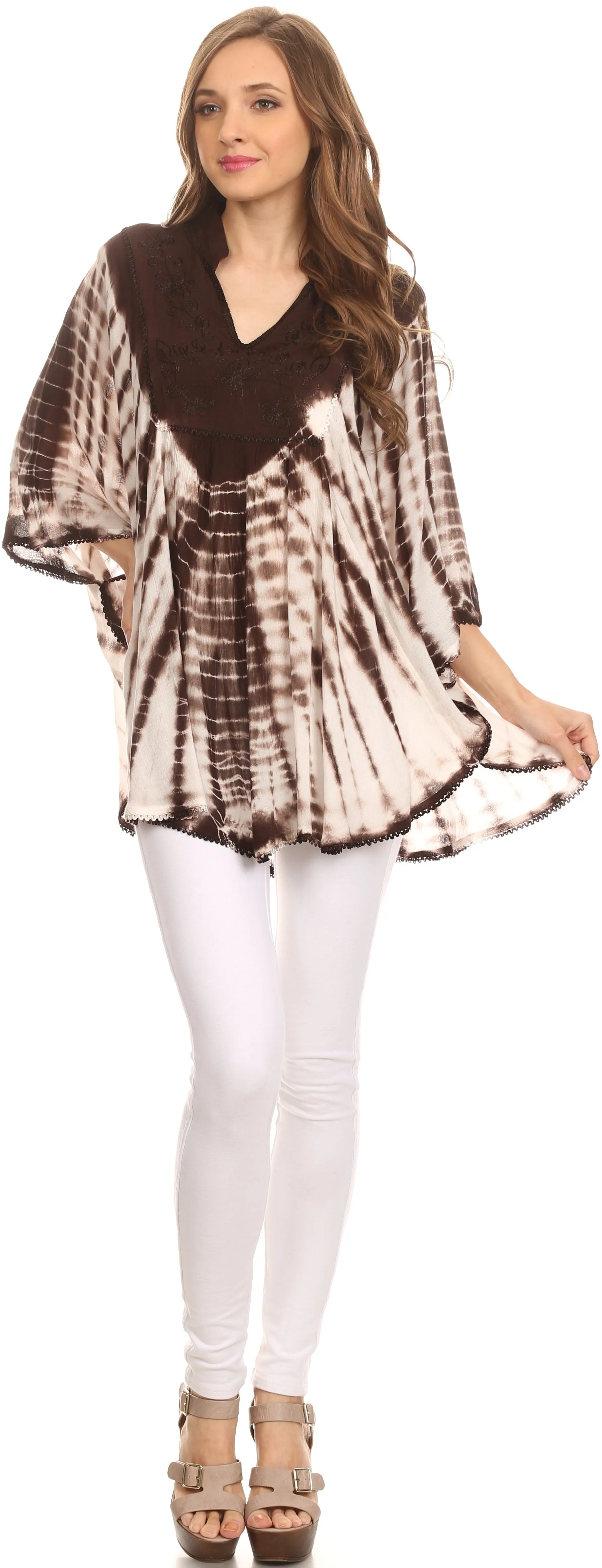 Sakkas Aneko Tie Dye Circle Poncho Blouse Top With Floral Emrbroidery And V Neck