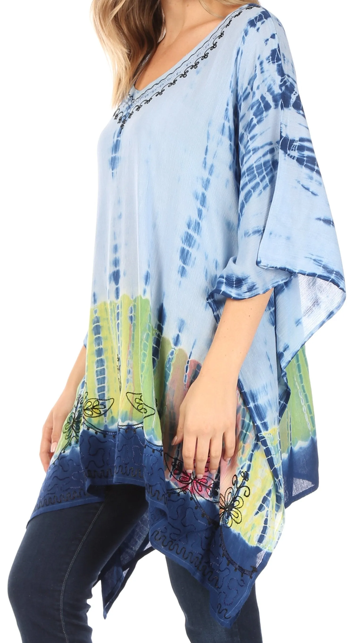 Sakkas Eliana Wide Long Tall Embroidered Tie Dye Ombre Batik Poncho Top Blouse