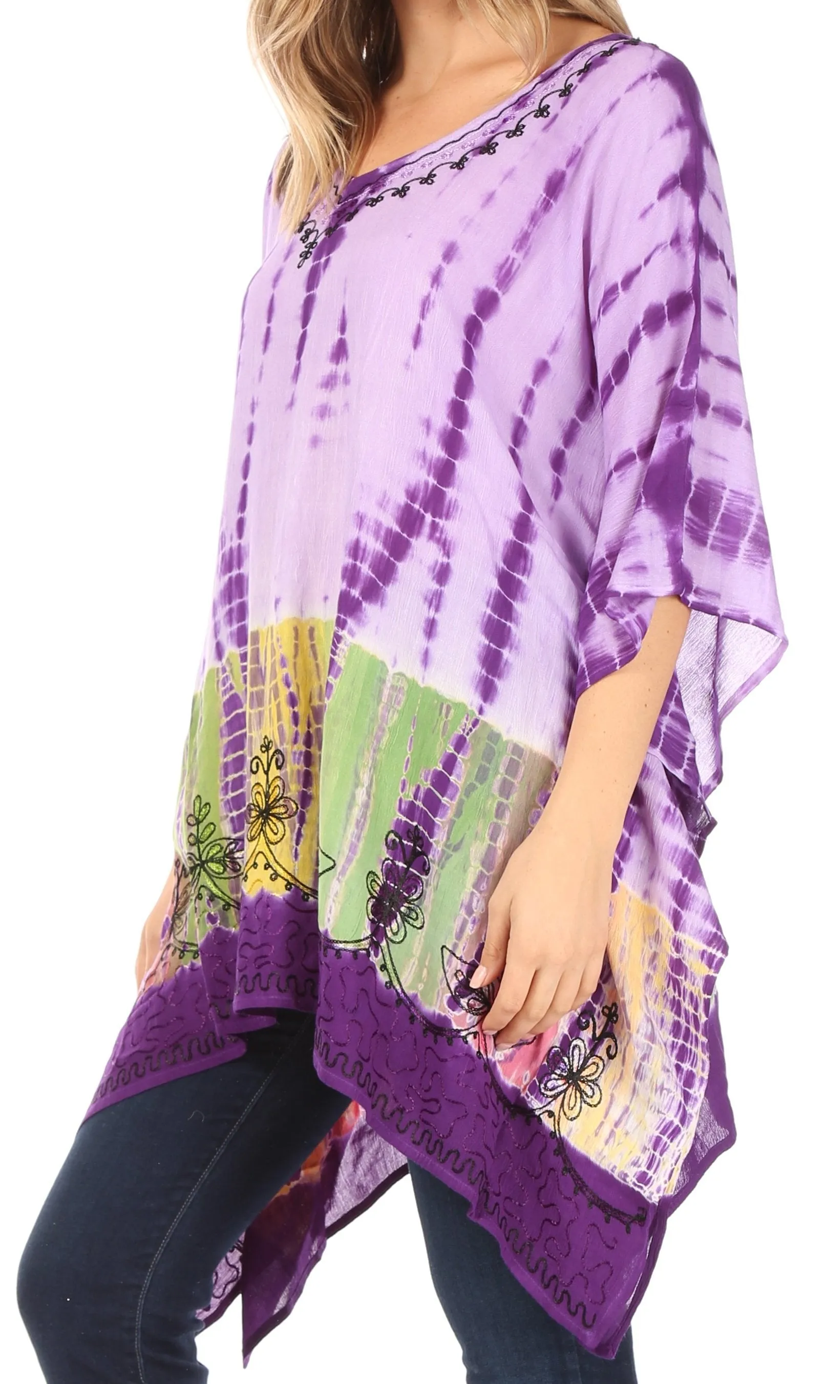 Sakkas Eliana Wide Long Tall Embroidered Tie Dye Ombre Batik Poncho Top Blouse