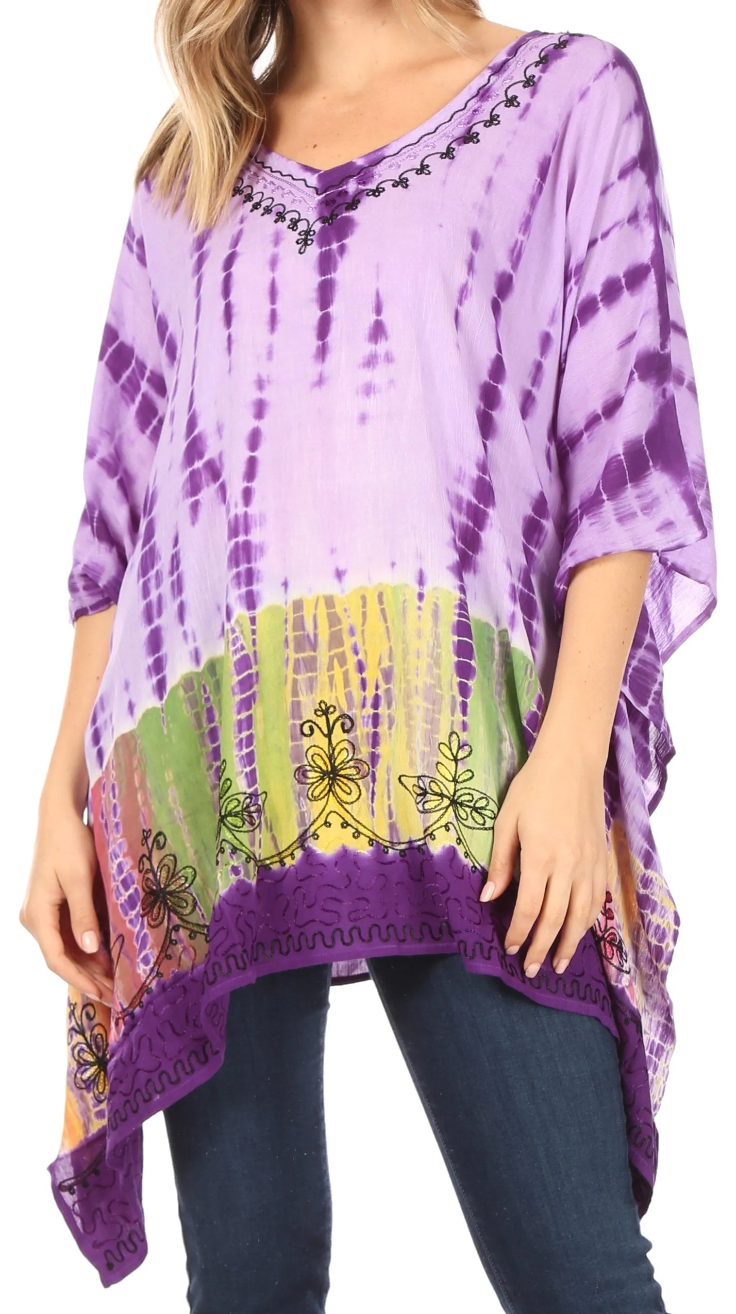 Sakkas Eliana Wide Long Tall Embroidered Tie Dye Ombre Batik Poncho Top Blouse