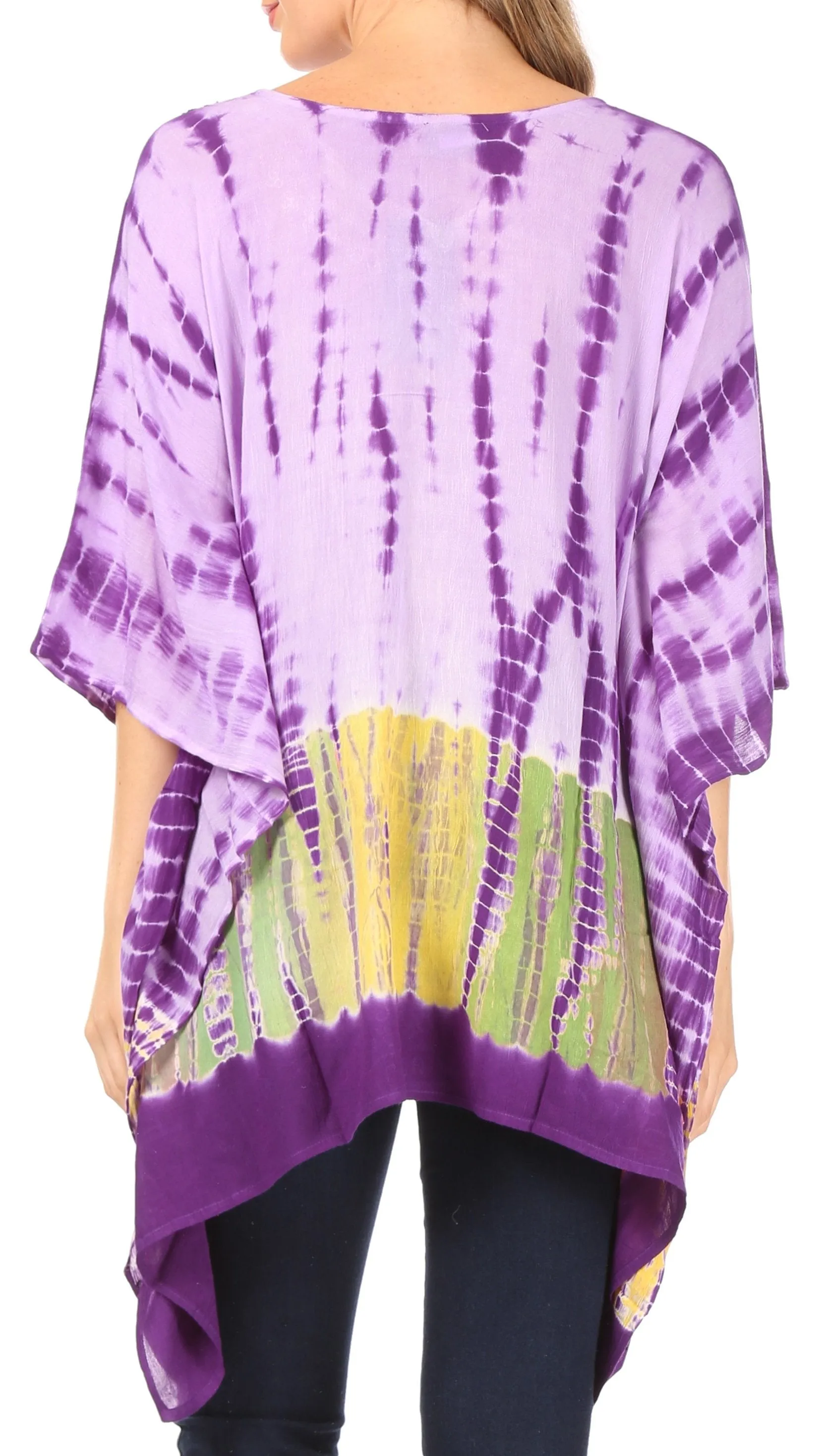 Sakkas Eliana Wide Long Tall Embroidered Tie Dye Ombre Batik Poncho Top Blouse