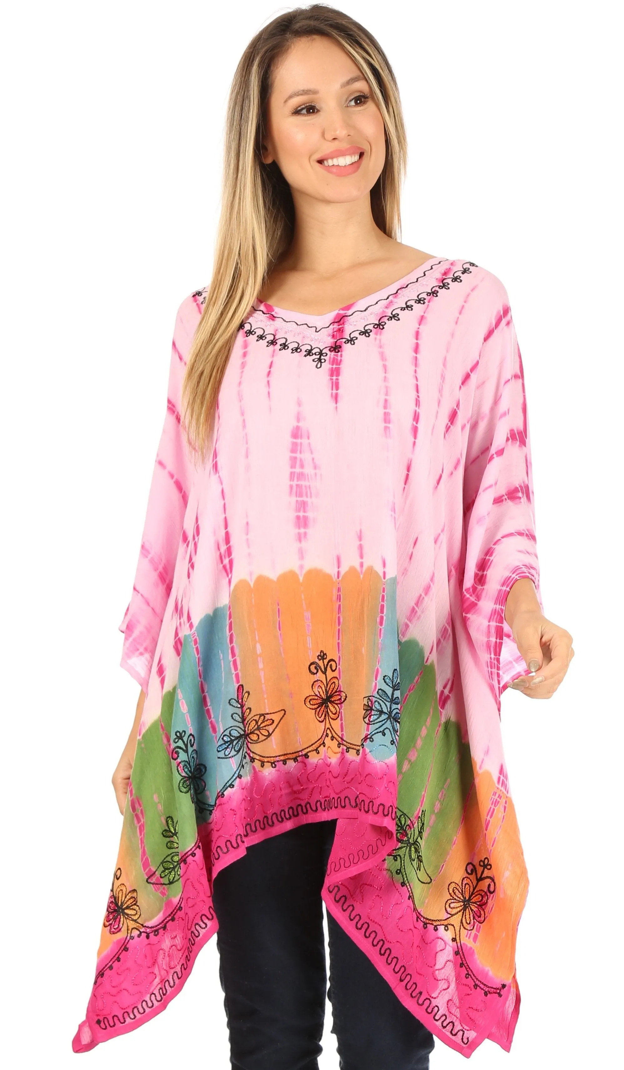 Sakkas Eliana Wide Long Tall Embroidered Tie Dye Ombre Batik Poncho Top Blouse