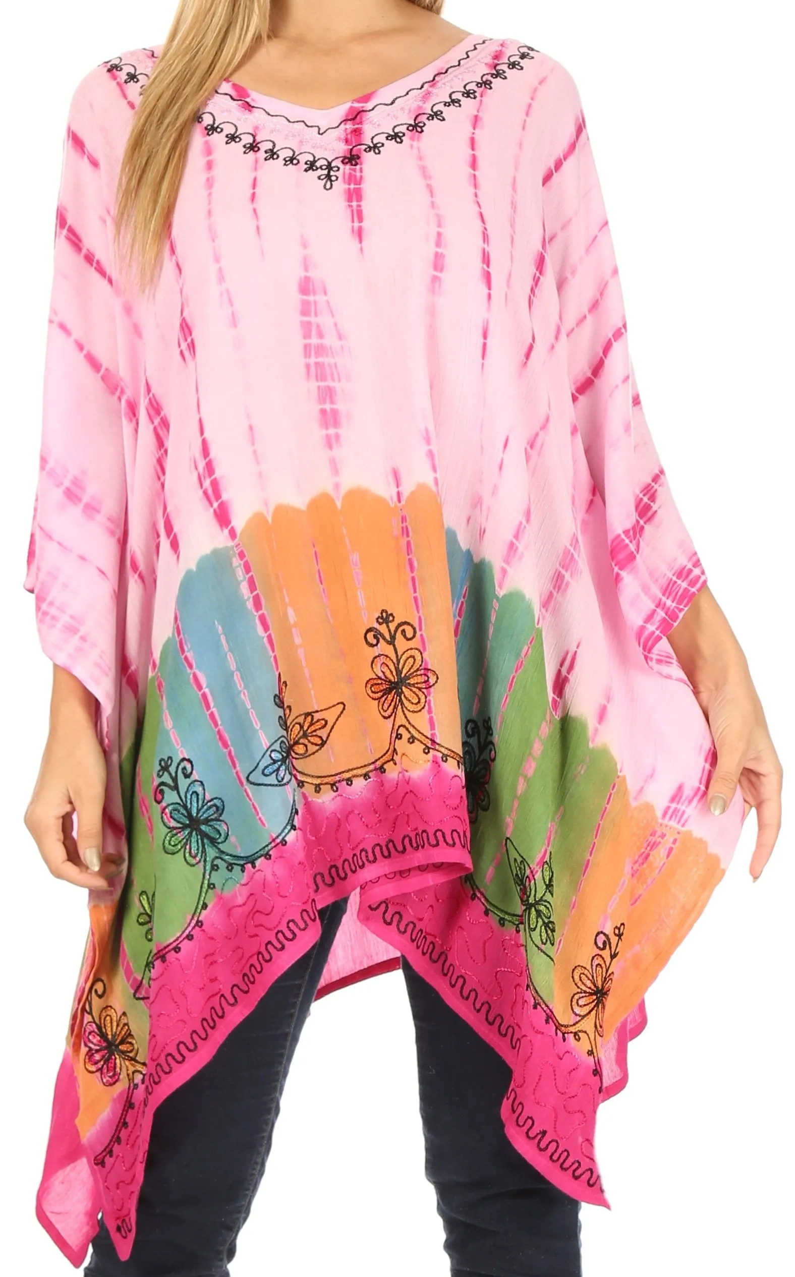 Sakkas Eliana Wide Long Tall Embroidered Tie Dye Ombre Batik Poncho Top Blouse