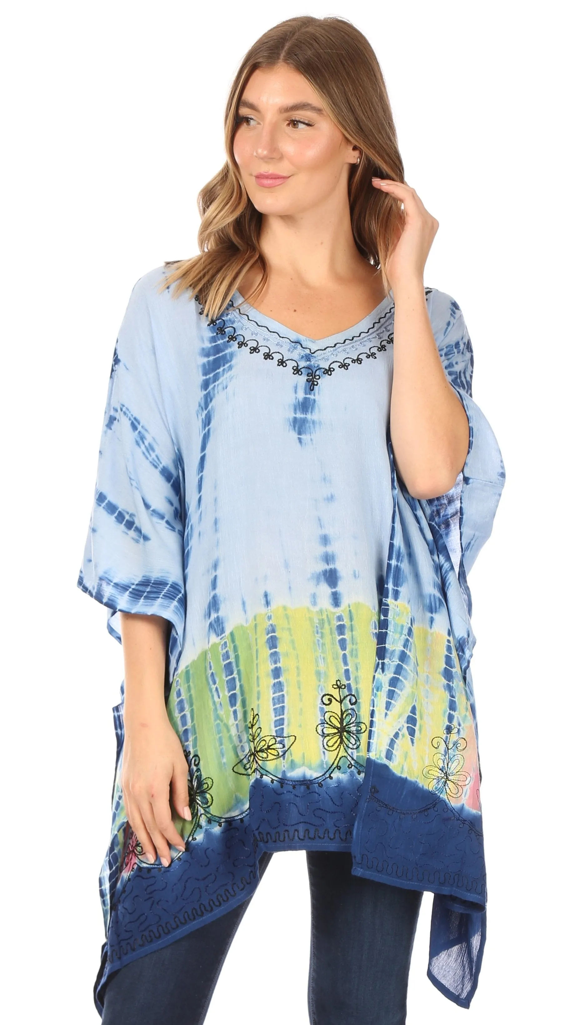 Sakkas Eliana Wide Long Tall Embroidered Tie Dye Ombre Batik Poncho Top Blouse