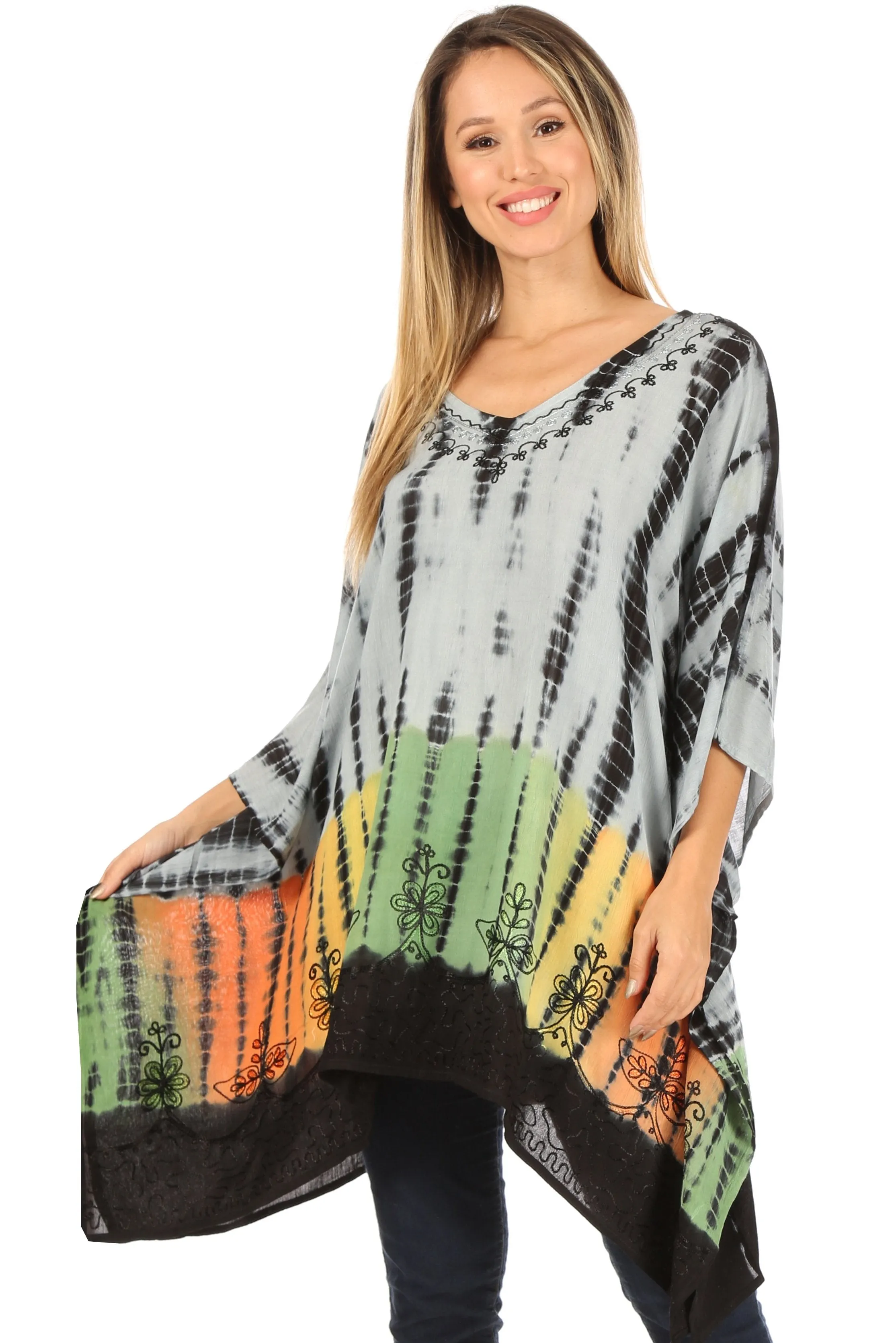 Sakkas Eliana Wide Long Tall Embroidered Tie Dye Ombre Batik Poncho Top Blouse