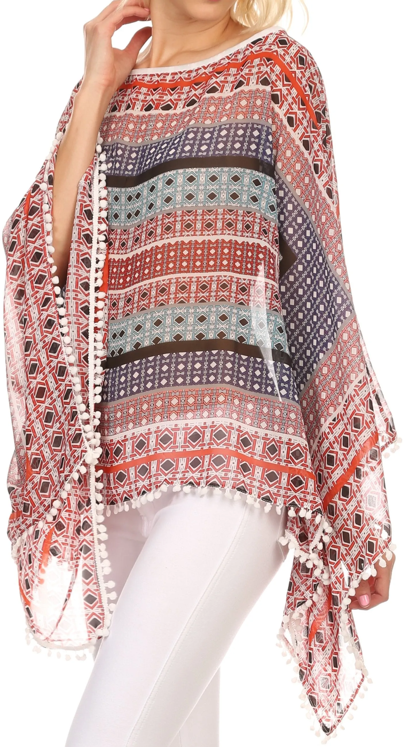 Sakkas Luiem Long Tall Wide Tribal Print Multi Colored Tassel Poncho Top Blouse