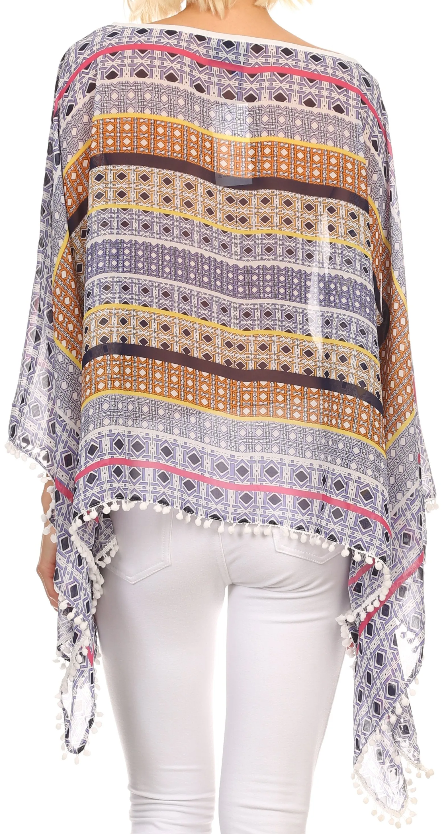 Sakkas Luiem Long Tall Wide Tribal Print Multi Colored Tassel Poncho Top Blouse