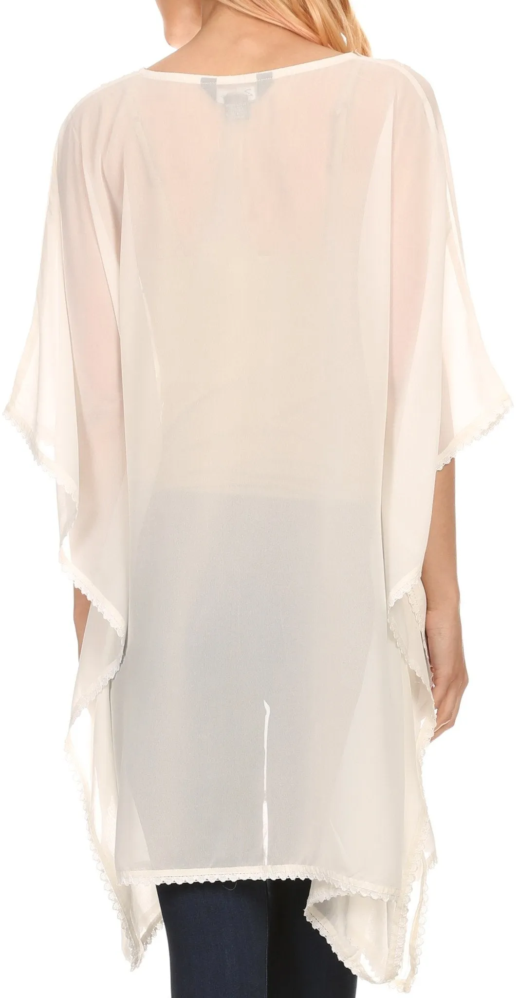 Sakkas Mikaee Sheer Wide Long Tall V-Neck Lace Embroidered Poncho Top Blouse